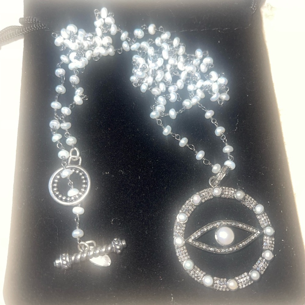 Oxidized Sterling, diamonds and pearl necklace